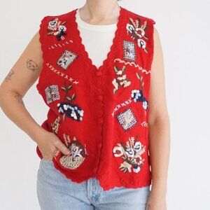 Vintage Koret City Blues Red Embroidered Floral Cottagecore Knit Sweater Vest L